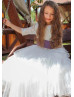 Ivory Lace Tulle Tiered Flower Girl Dress With Purple Belt Ivory Lace Tulle Tiered Flower Girl Dress With Purple Belt